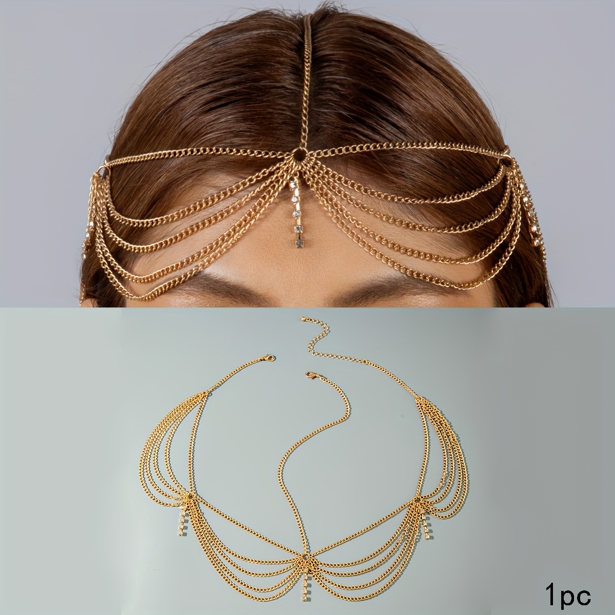 TEMU 1pc Chaîne de tête longue à strass rétro facile à installer, chaîne fine multicouche en métal avec pompon, coiffure adaptée au port des femmes,