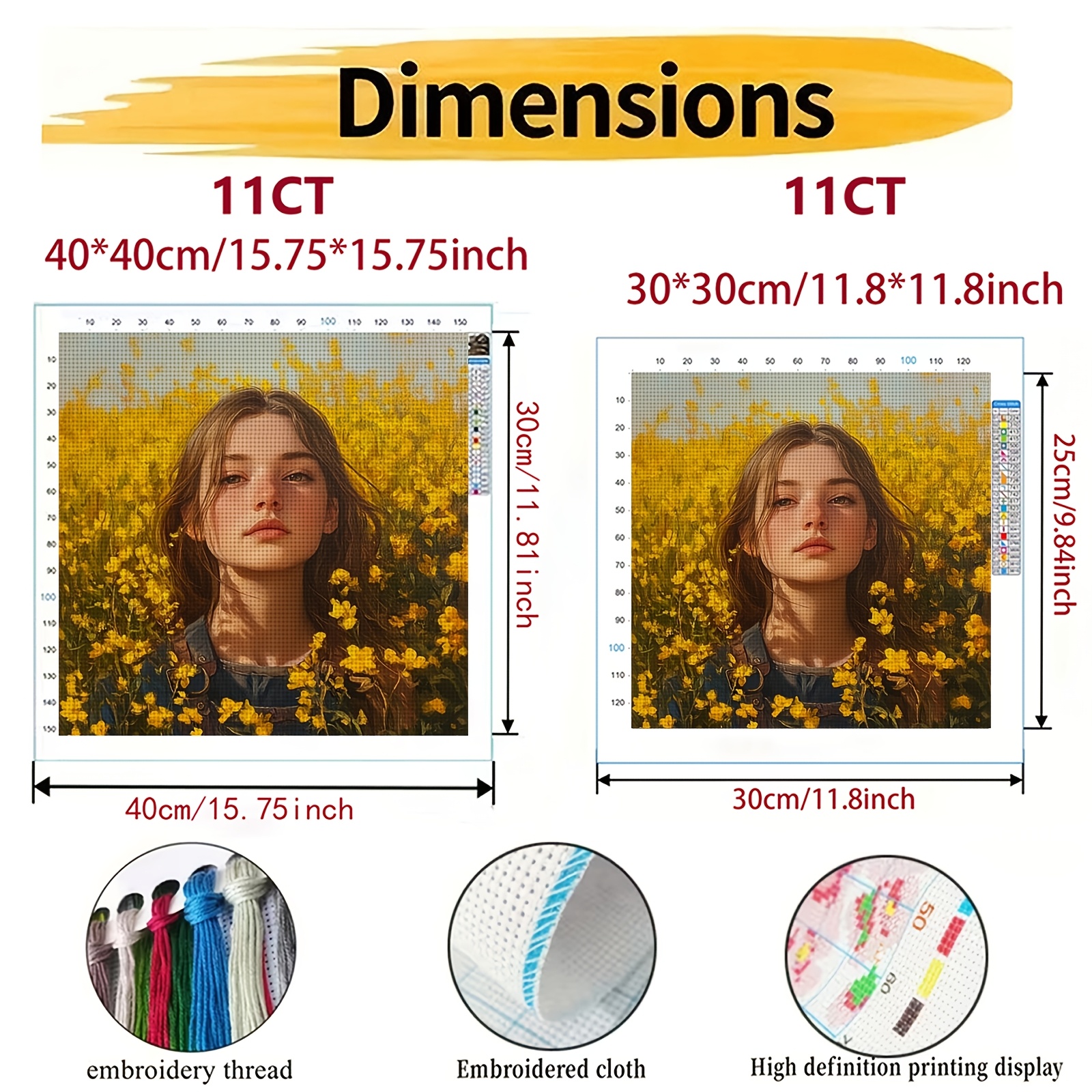 Cross-Stitch Kit, Girl in Yellow Flowers Pattern