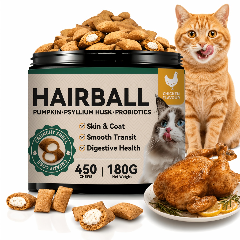 Hairball Treatment For Cats-natural Coconut & Fish Oils For Smooth Passage & Relief, Cat Hairball Treats With Fiber & Enzymes Support Skin & Coat, Gut & Health, Chicken(60-day Supply)