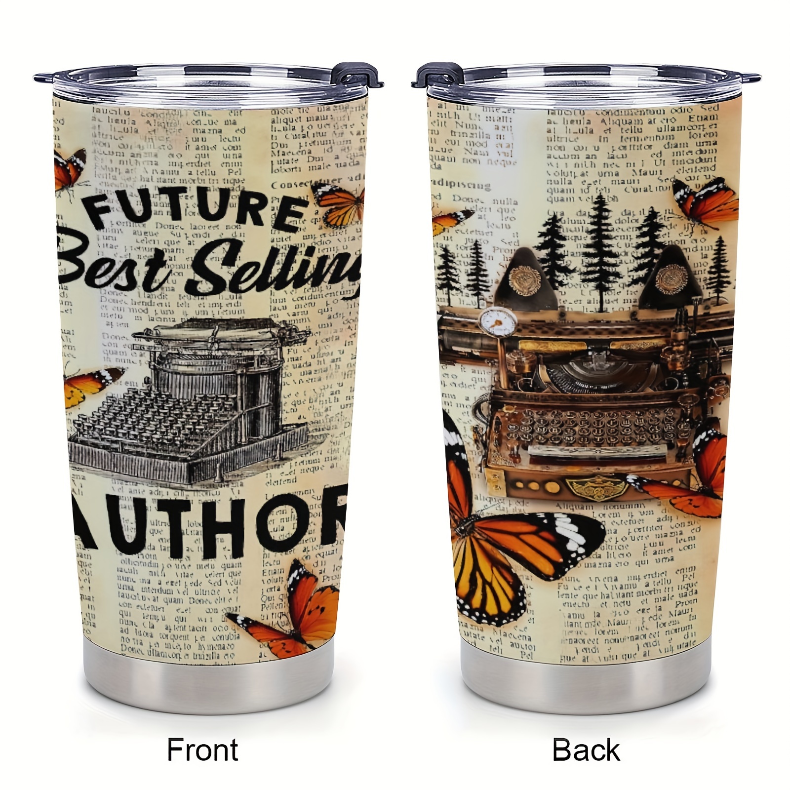 

1pc 20oz Stainless Steel Tumbler For Authors Vintage Paper Monarch Butterfly Novelty Writer Coffee Mug Insulated Cup With Lid For Novelist Poet Columnist Encouragement Gifts