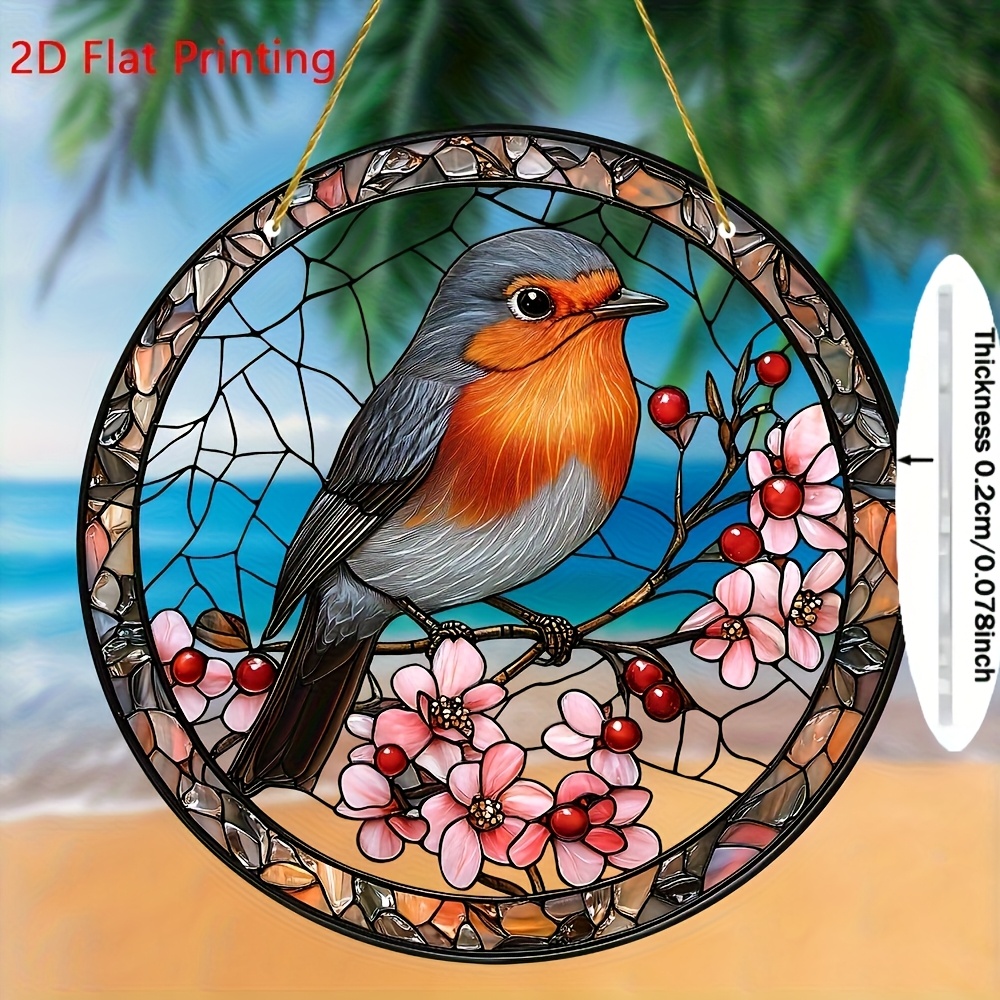 TEMU 2D Flach, ., 2D Flachdruck, Robin am Kirschbaum Sonnenfänger, Garten-Sonnenfänger 8 Zoll * 8 Zoll, Fensterhängedekoration, Gartendekoration,