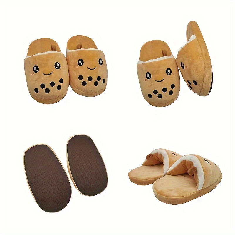 

Cartoon Bubble Tea Plush Slippers - Cute Pearl Milk Tea Design, Round Toe Fabric Upper, Cloth Insole, Non-slip Sole, Casual Comfort Indoor Half Slip-on Footwear For All, Unisex, Multiple Seasons