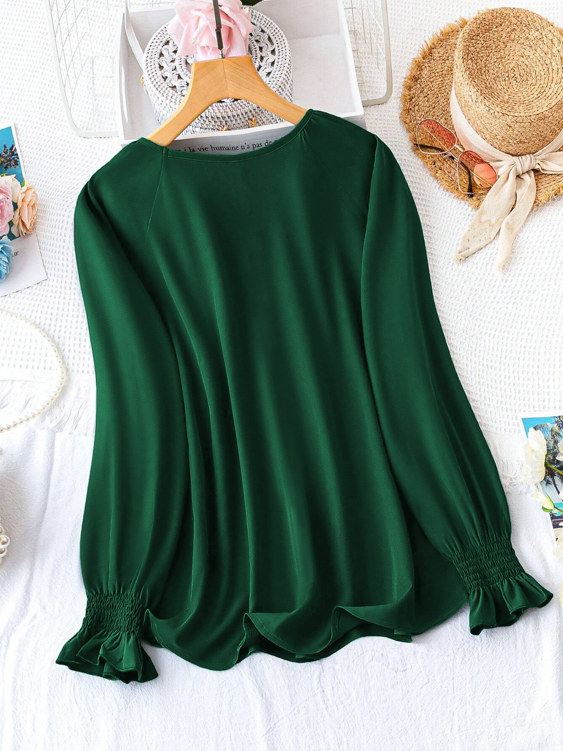 Dark Green V-Neck Women Blouse With Belt - Goelia Singapore, image size:800x1067