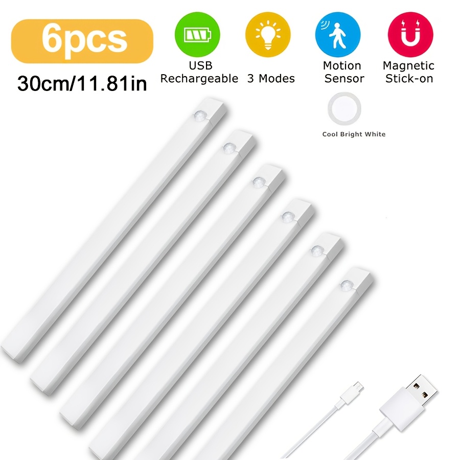 TEMU 12/6/3pcs Usb Rechargeable Led Motion Sensor-dimmable Cabinet Lights, 3 Adjustable Wireless Night Light For Bedroom, Staircase, Kitchen,