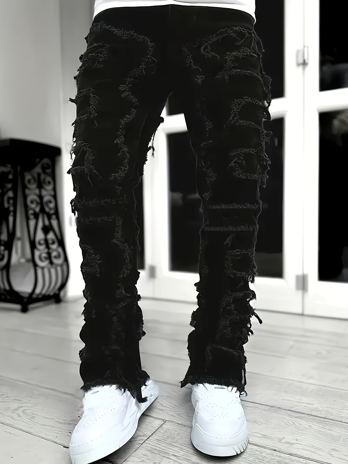 Men's Creative Tassel Decor Straight Fit Jeans, Men's Casual Mid-Rise Elastic Street Style Hip-Hop Skate Rap Jeans for All Seasons