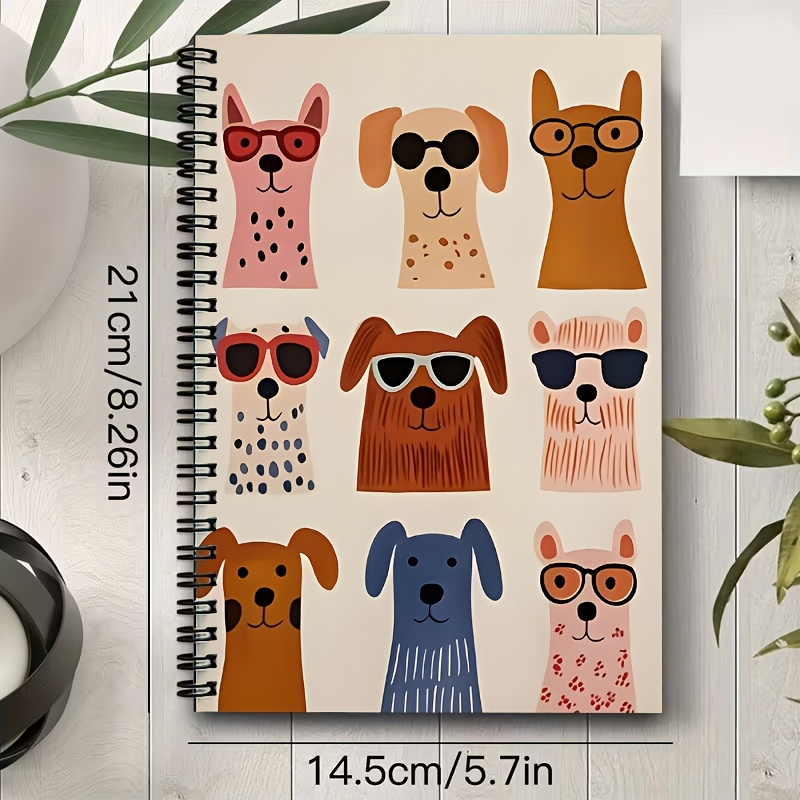 TEMU Cute Cartoon Dogs With Sunglasses Pattern A5 Spiral Notebook, Black Spiral, Size 21×14.5cm, 24-hole Spiral Binding, 50 Sheets 100 Pages, Student