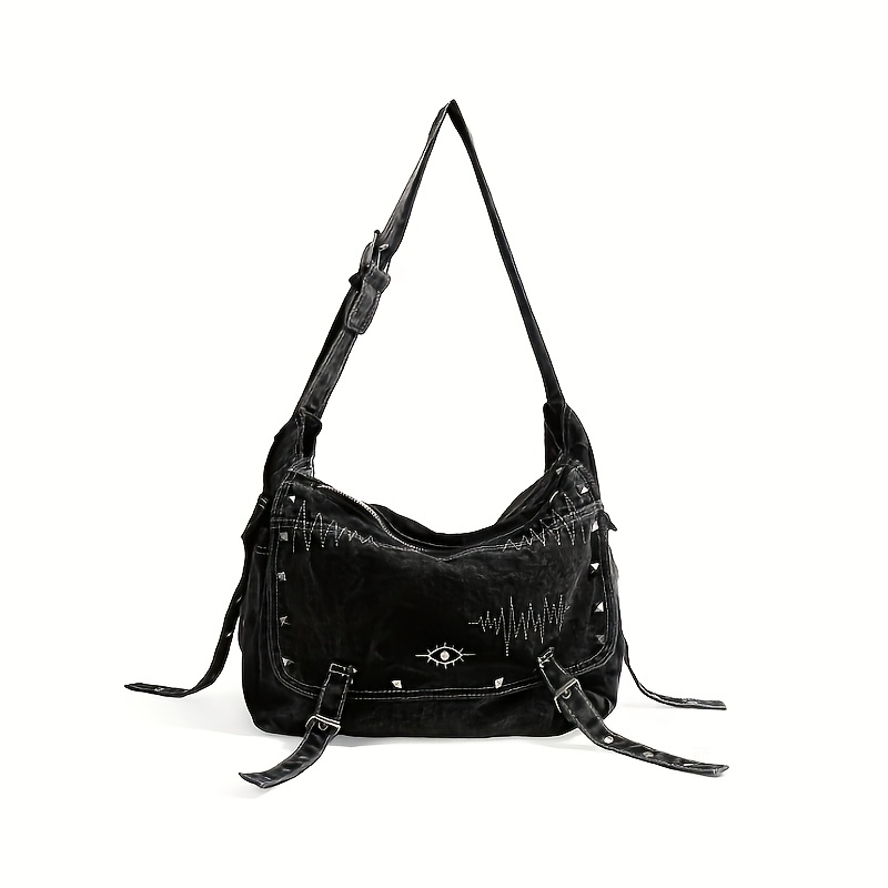 バッグ y2k grunge leather hand bag studs JIAERDI Y2k Grunge Sier Handbag Women Vintage Pockets Chic