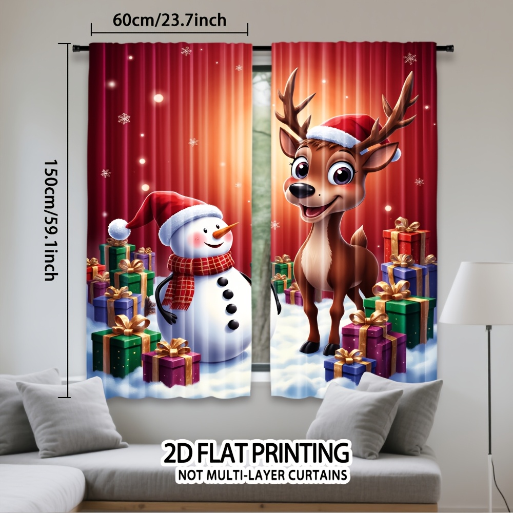 TEMU 2d Flat, 2pcs, Festive Christmas Reindeer Snowman Festive Presents Print Curtains, Polyester, Rod For Living Room, Bedroom, Kitchen, Office