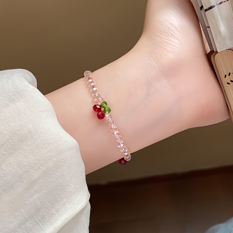 Cherry Bead Stretch Bracelet with Sparkling Crystals for Women