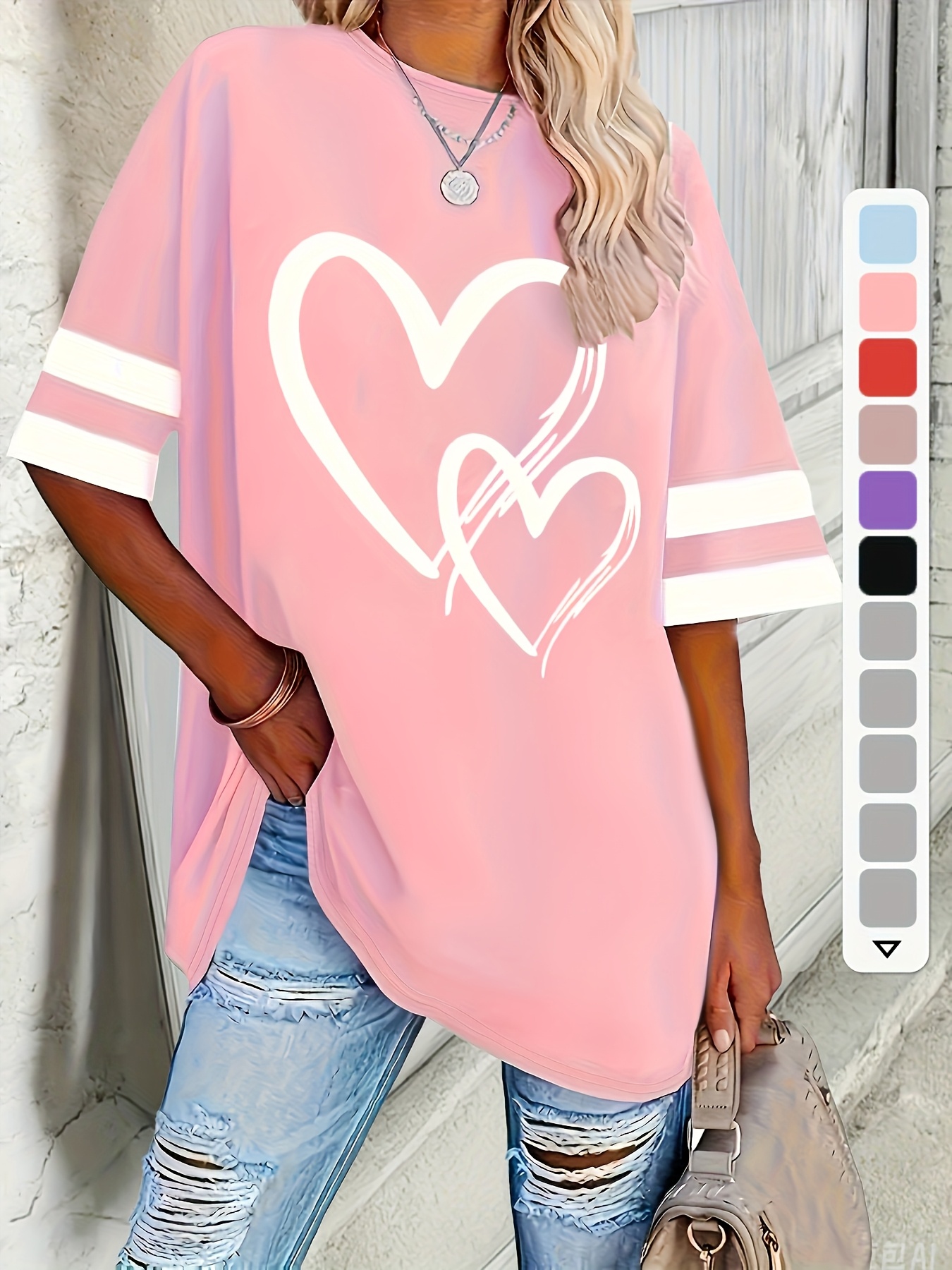 Women'S Plus Size Casual Short Sleeve T-Shirt with Elegant Heart Design - Soft, Comfortable Pullover for Spring/Summer/Fall, Plus Size Blouses