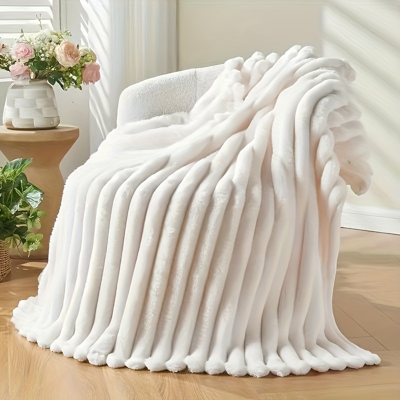Image of 1pc Soft Velvet Blanket, Solid Color Striped Rabbit Plush Throw | Machine Washable, Suitable For | Perfect For Bed, Sofa, Car, Camping, Etc
