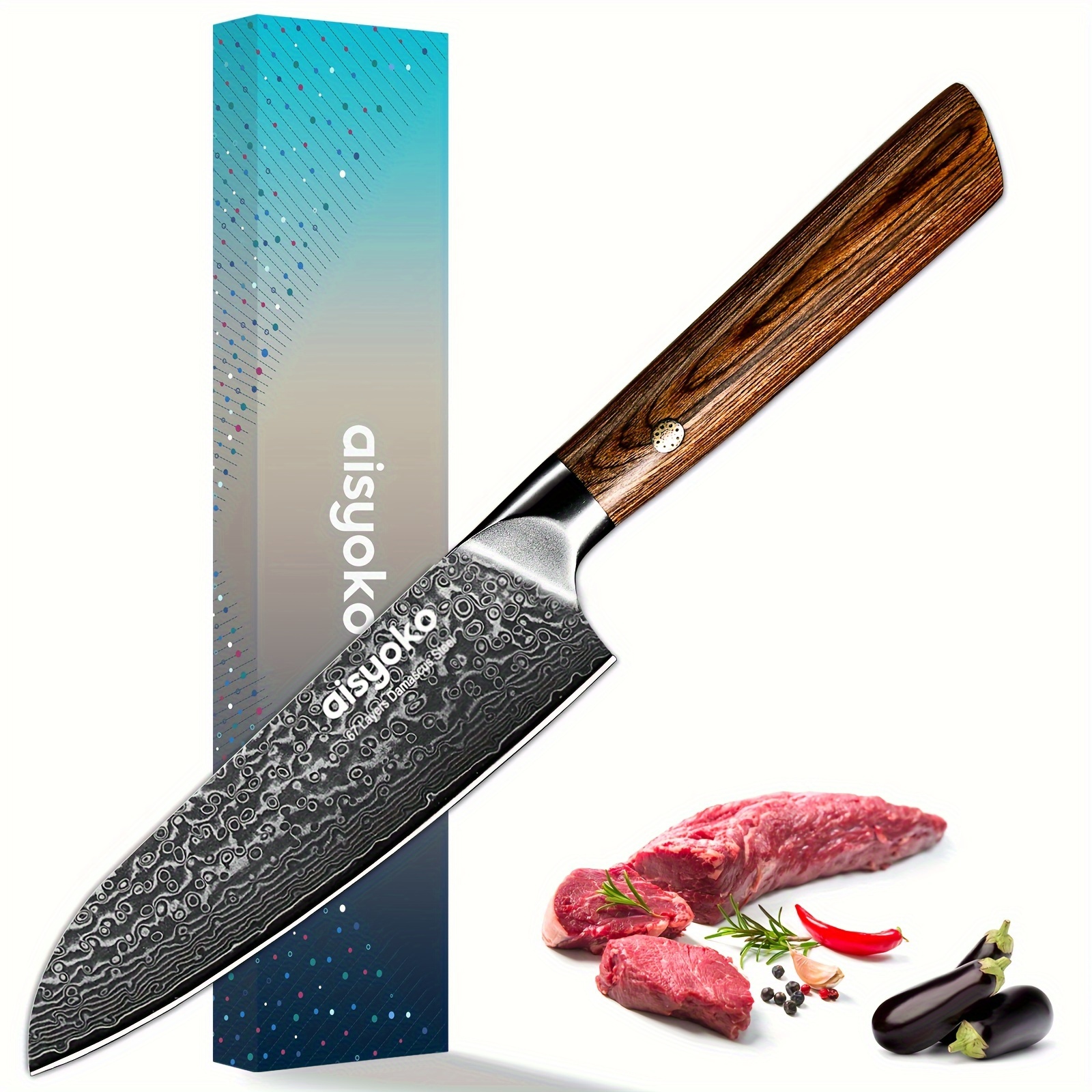

1pc, Aisyoko Santoku Knife 5 Inches - Japan Vg-10 Super Steel 67 Layer Damascus Steel - Sharp Kitchen Knife - Luxury Gift Box With Colored Wooden Handle