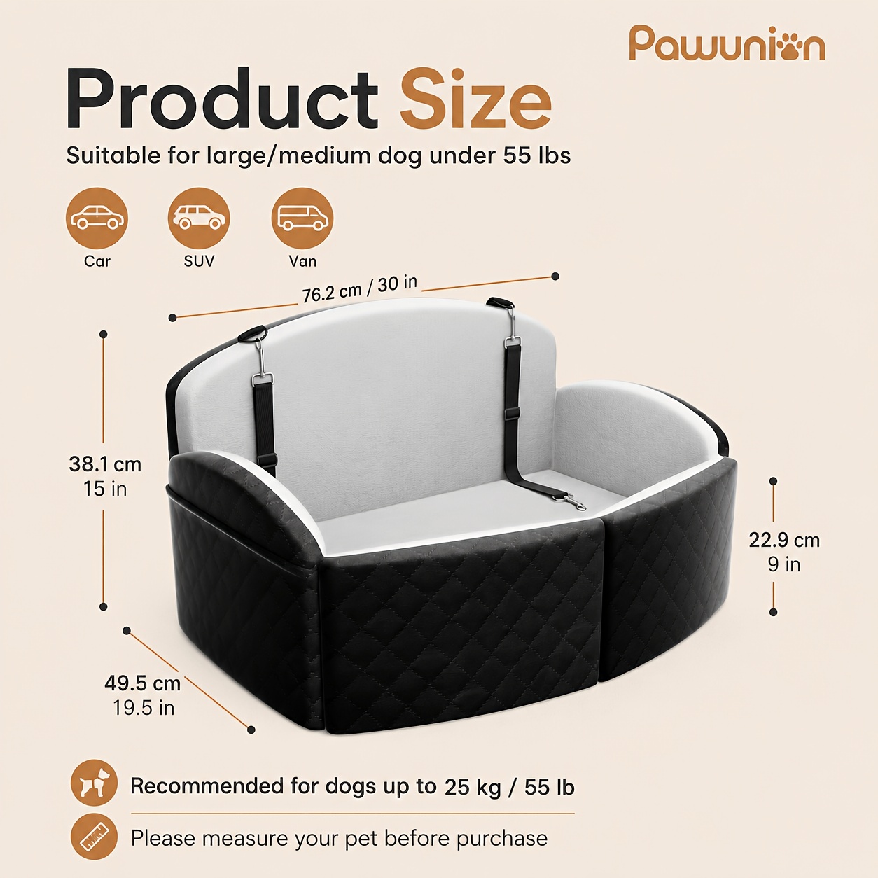 Image of Large Dog Car Seat For Medium And Large Dogs, Back Seat With Safety Leash, Supportive High Sides, Non-slip Base, Storage Pocket And Removable Washable Cover, Up To 55 Lb