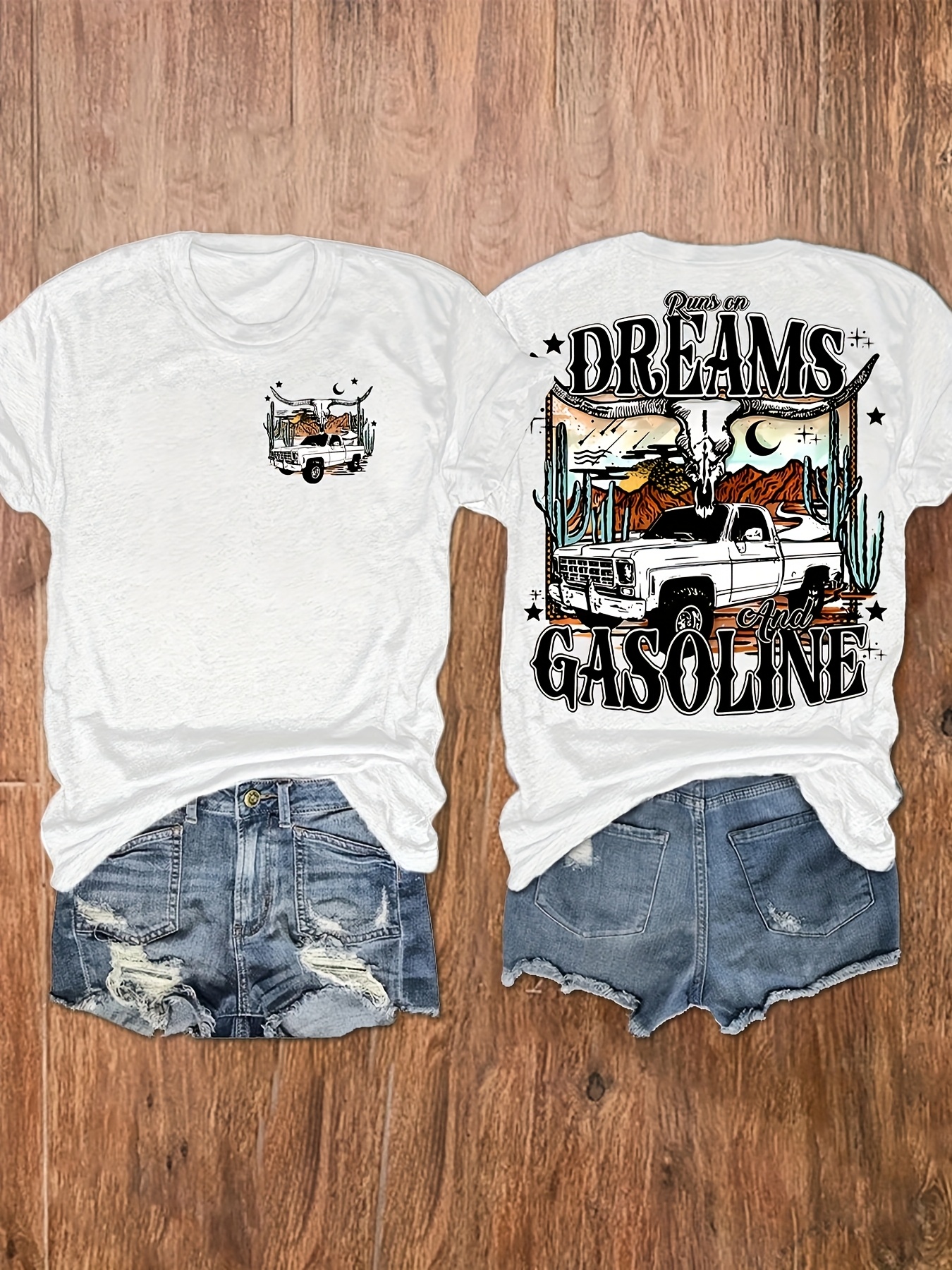 womens western graphic print t shirt   gasoline desert night     crew neck short sleeve top for   casual vacation tee leisure clothing cowboy aesthetic nontransparent fabric Product details 0