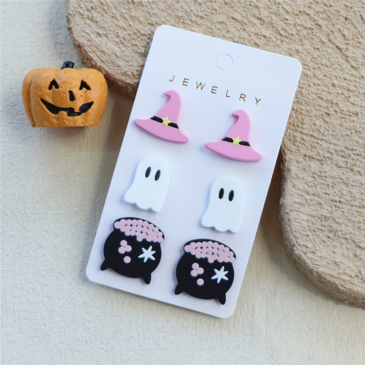 TEMU 3-in-1 Set Of Women's Halloween Pink Hat, Imp, And Print Clay-textured Holiday Party Earrings And Studs
