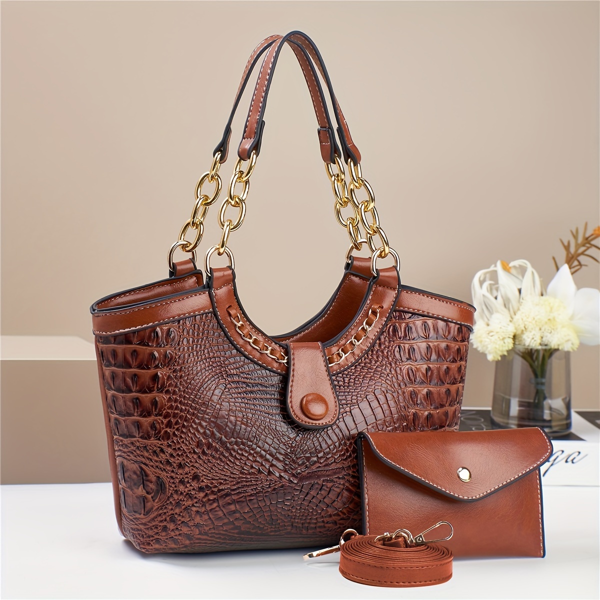 

Vintage Crocodile Pattern Handbag For Women, Large Capacity Shoulder & Crossbody Bag With Fixed Straps, Zipper Closure, Polyester , Paint Detail, Fashionable Tote For All