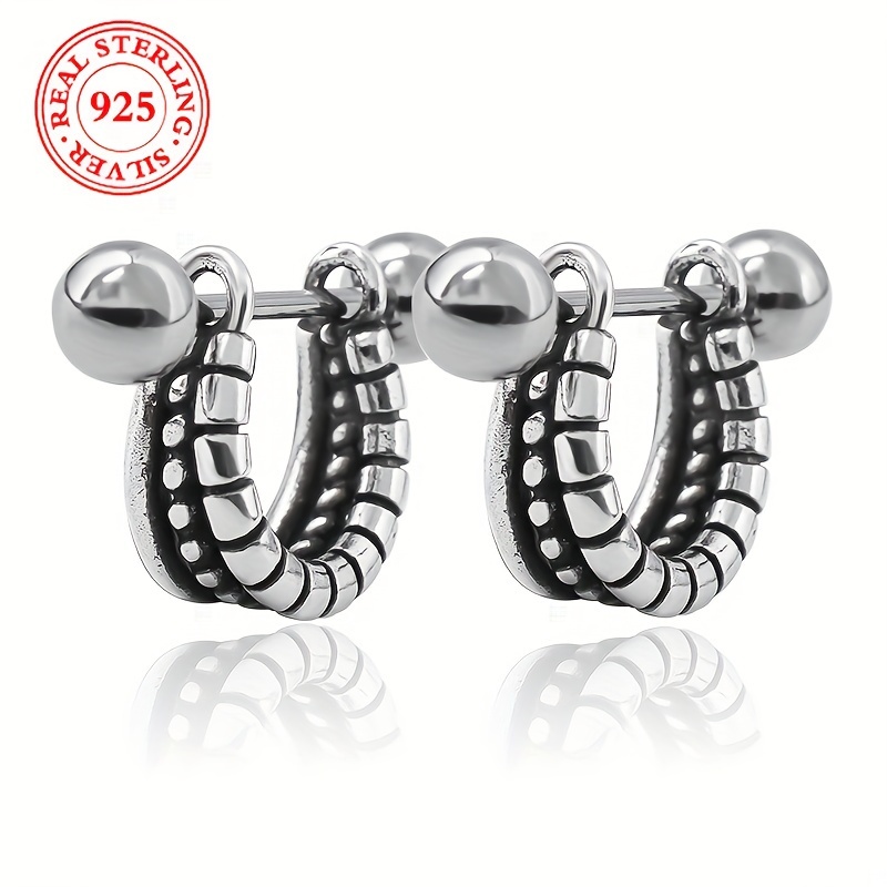 

925 Sterling Silver Vintage Twisted Rope And Bead Stud Earrings, Elegant Fashionable Versatile Ladies' Jewelry, Weight 2.3g/0.081oz, Classic Style