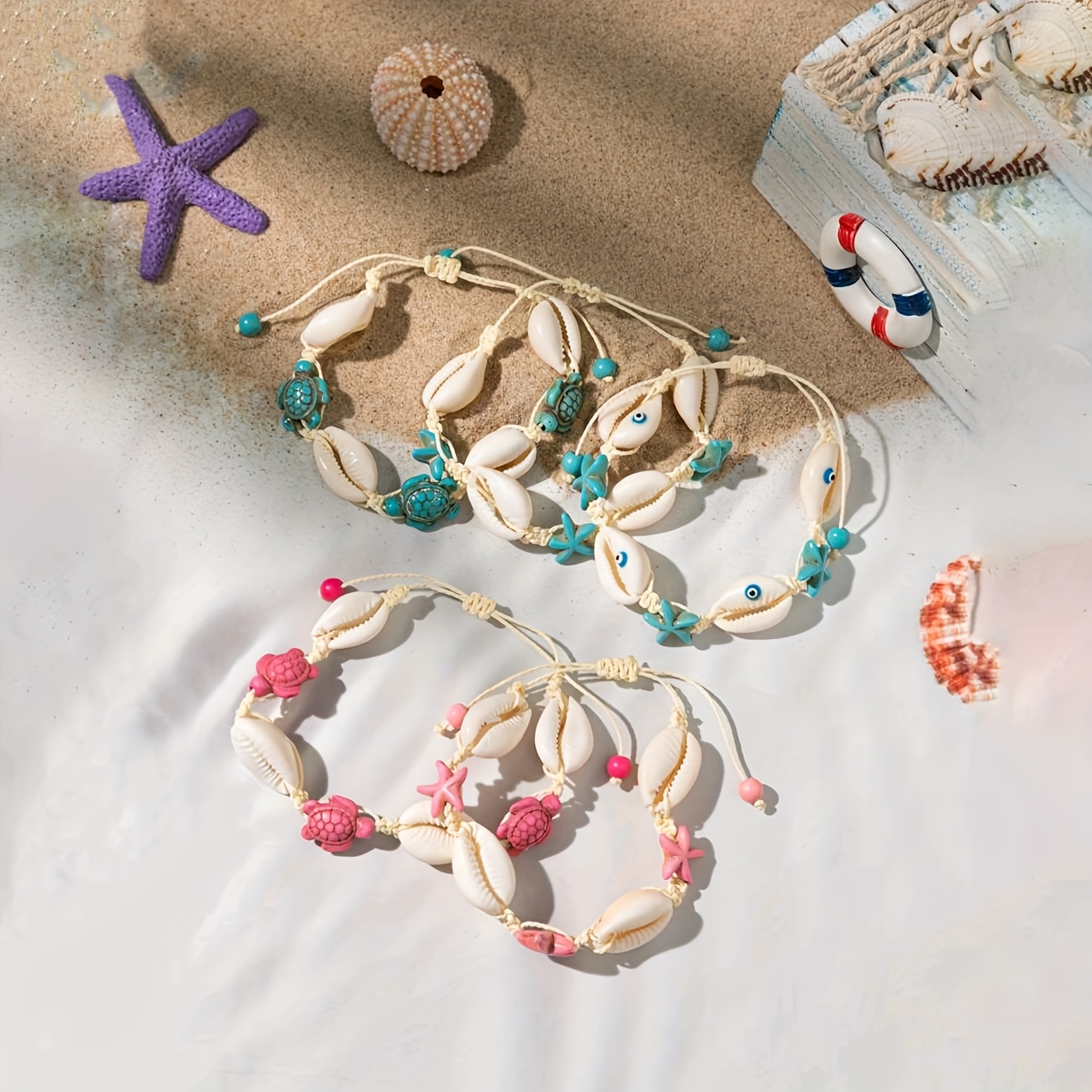 Boho Starfish & Shell Rope Knot Bracelet Pink Starfish Shells & Coral Beads