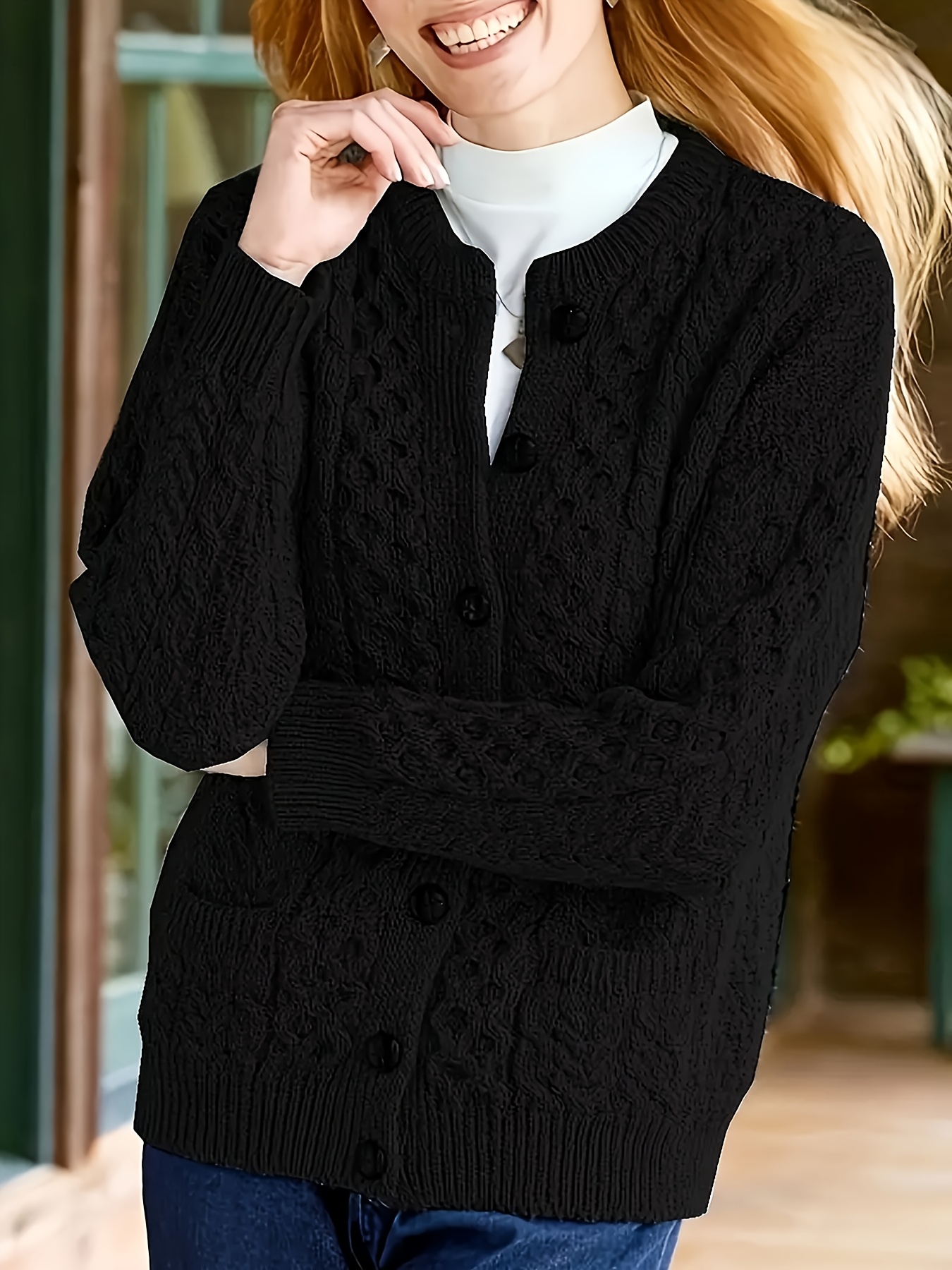 plus size womens casual cardigan sweater comfortable long sleeves geometric pattern round neck button details   fall winter autumn wardrobe casual fit sweater textured sweater sweater