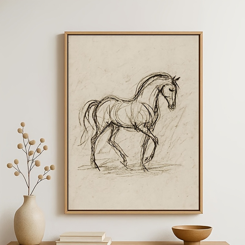 TEMU 2d Flat, 2d Flat, 2d Flat 1pc Frameless, Abstract Horse Sketch Retro Painting Minimalist Equestrian Line Wall Art Illustration Vintage Pastoral