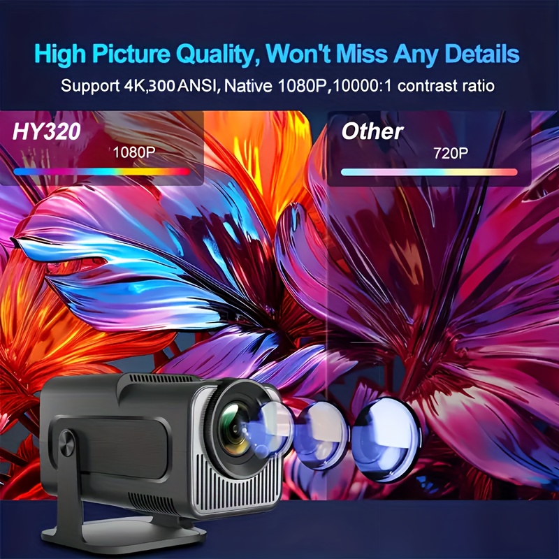 Преносим проектор HY320MINI, HD, WIFI6.0, Android 11.0, Поддържа 4K видео декодиране/Локален 1080P дистанционен контрол, LCD монитор, 3D Ready. 180° ротация, Свързване с смартфони, таблети, USB, Безжични проектори, Мини Beam проектор