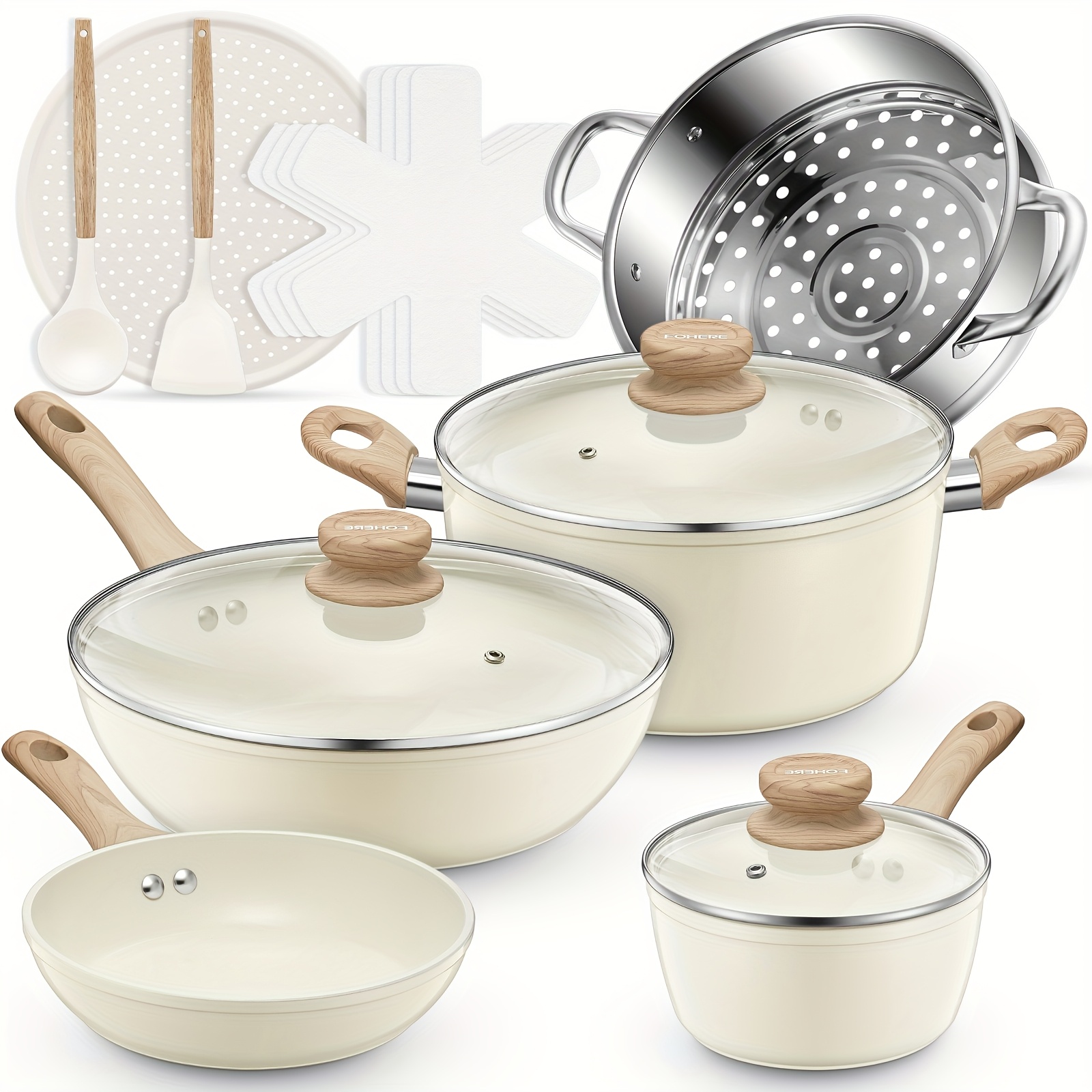 TEMU 15pcs Pots And Pans Set, Ceramic Cookware, Kitchen Induction Cooking Set With Pizza Pan, Food Steamer, Saucepan, Frying Pans