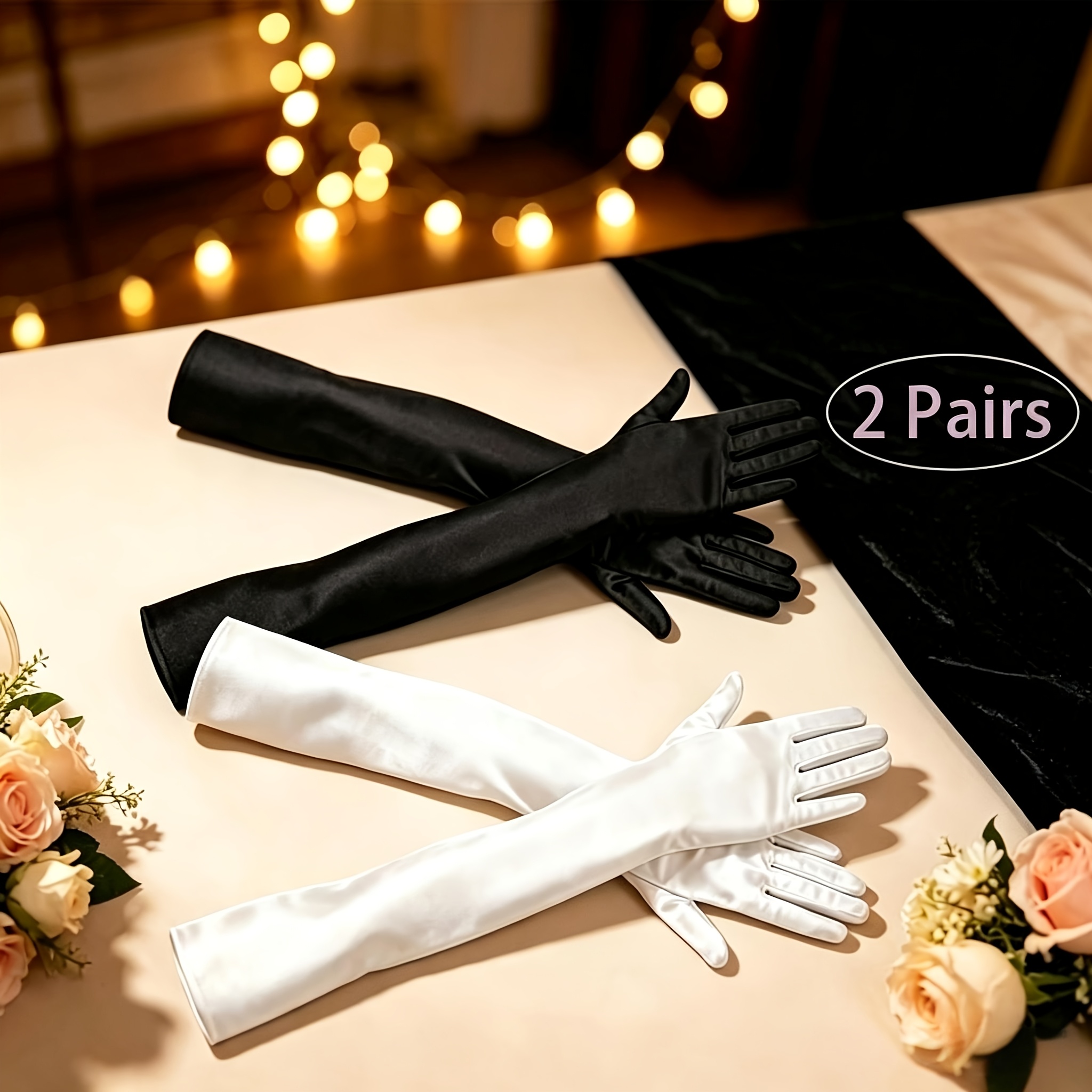 TEMU Long Satin Gloves Elbow-length Opera Gloves Black And White Formal Evening Gloves Suitable For Weddings, Balls, Halloween Costumes, Parties, And