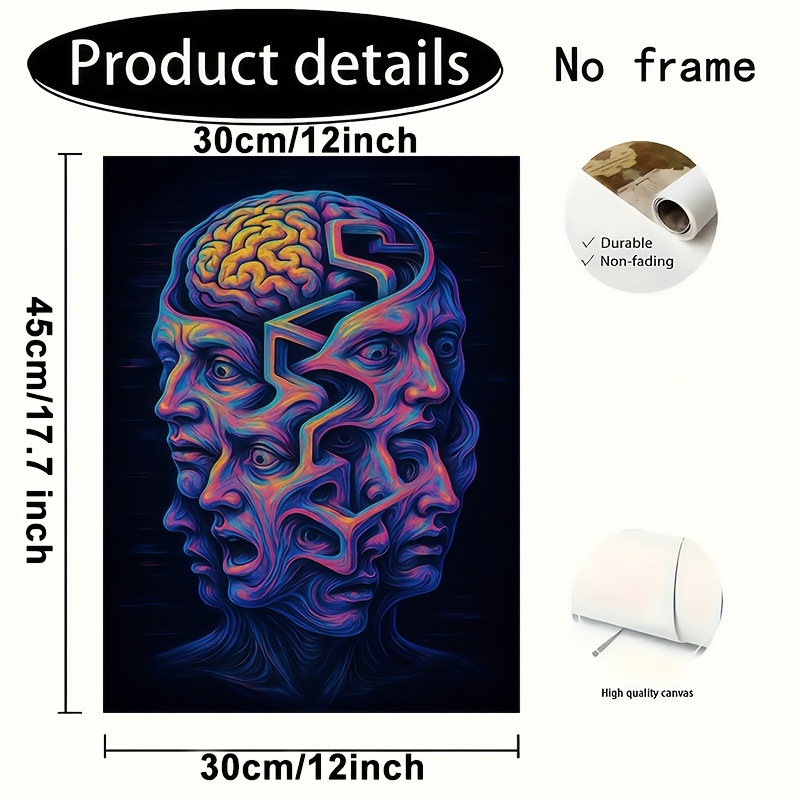 TEMU 2d Flat, [2d Flat] 1pc,frameless Canvas Painting,neon Psychedelic Brain Artwork - Trippy Multicolored Abstract Portrait With Multiple Faces On