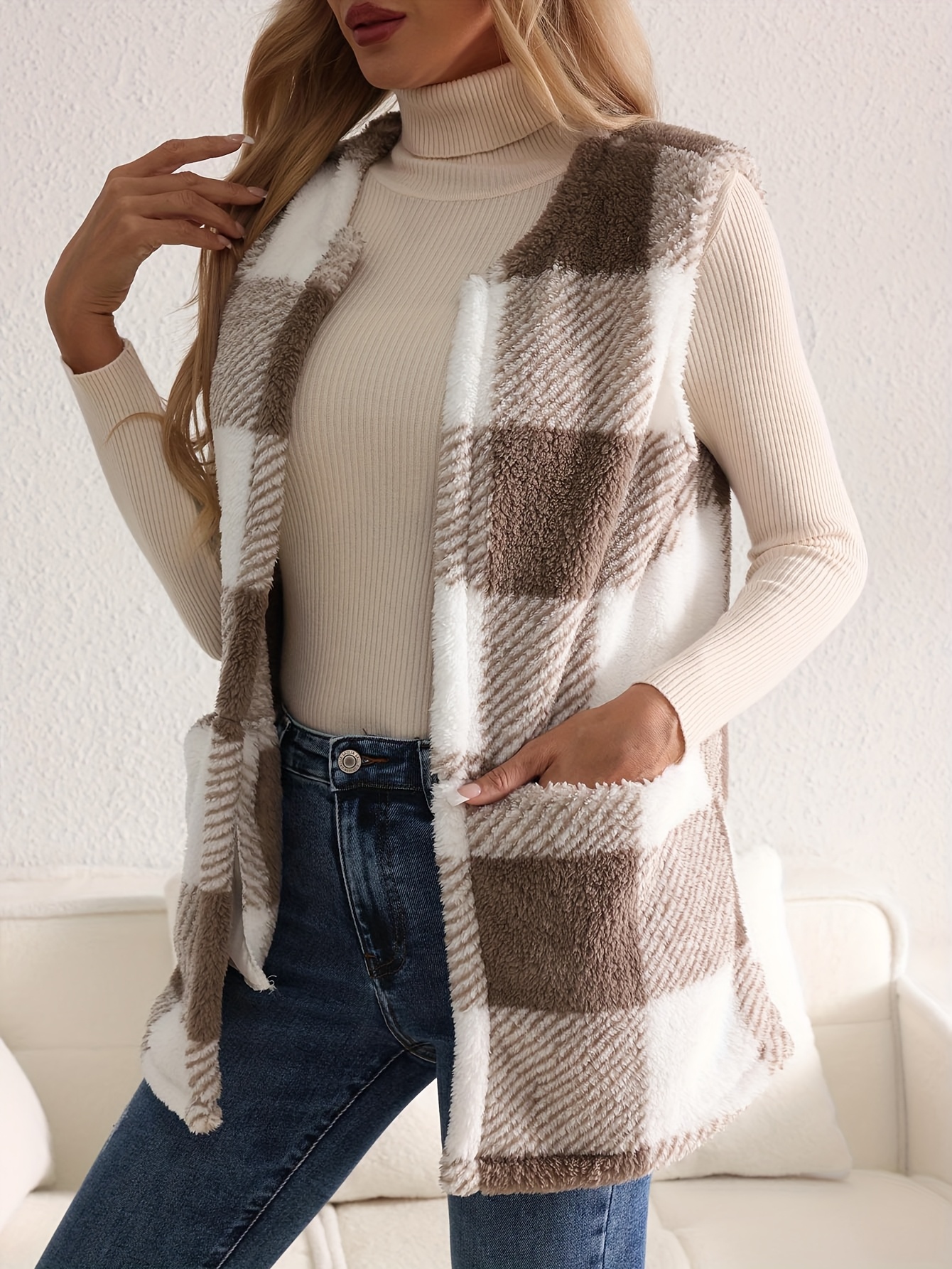 womens casual plaid vest with pockets long sleeve button   loose   white check pattern fall   cozy outerwear for adults casual wear vest relaxed fit vest   design ladies vest 1