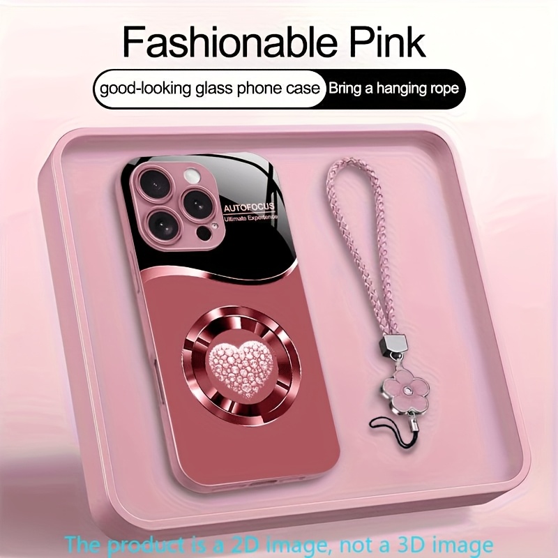 TEMU Phone Case - Minimalist Crystal Heart Series Metal Paint Glass Phone Case With Lanyard For Iphone