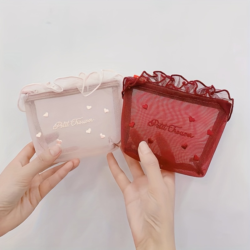 red makeup bag heart embroidery lace detail durable Temu Pakistan