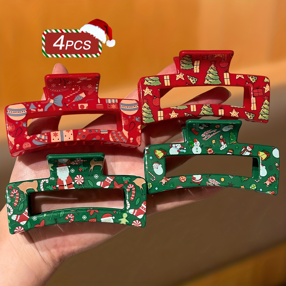 TEMU 4pcs Women's Fashion Elegant Cute Christmas Hair Accessories, Santa Claus Christmas Tree Snowman Pattern, Medium Square Hair Claw Clips,