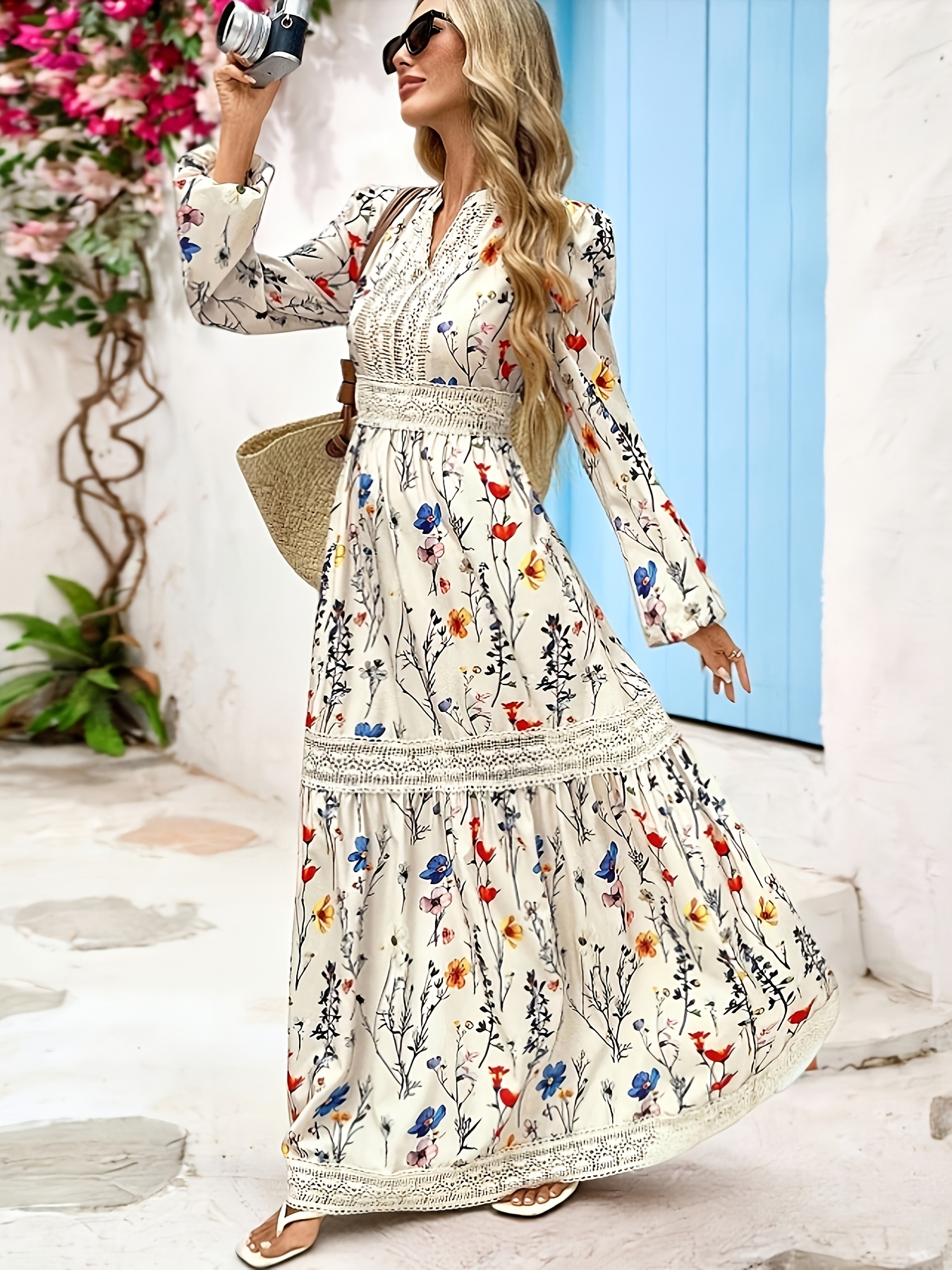 knee length dresses for ladies PRETTYGARDEN Women's Elegant Maxi Dresses Long Sleeve V Neck Flowy Poc main image 0
