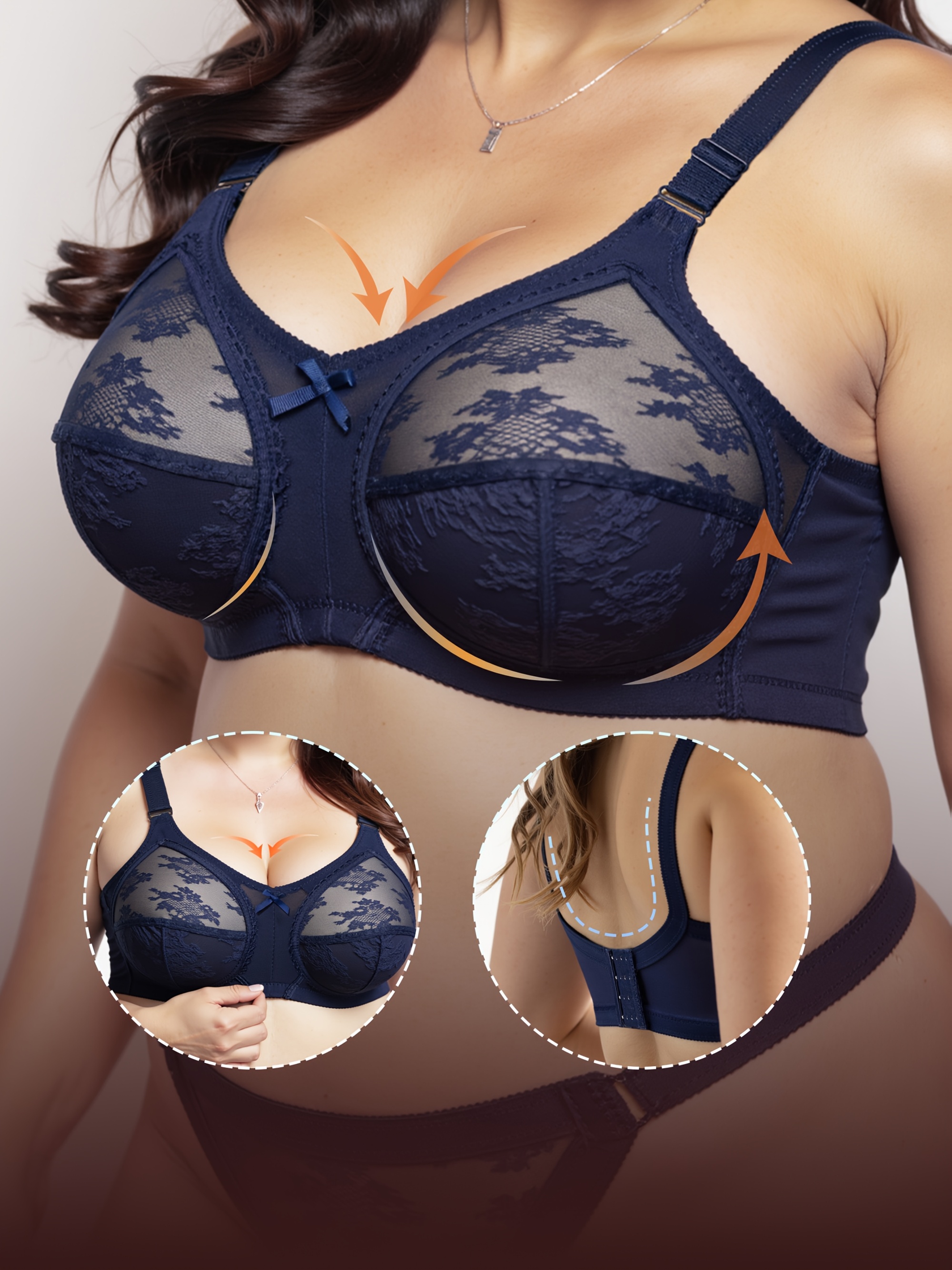 PLUS BRA, Underwire-Free Full Coverage Bra, PUSH UP Bra with Classic Three-Piece Structure in Sheer Fabric, Sexy Contrast Lace, Wide Shoulder Straps, Back Shaping and Side Reduction, 100DD, 105D