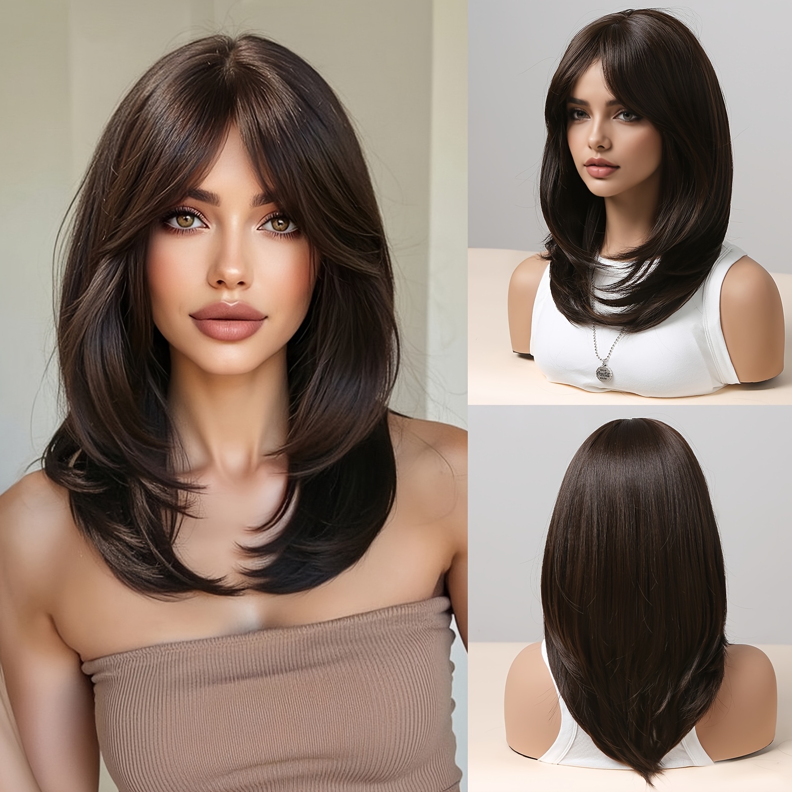 

Chic 18" Layered Wig With Bangs For Women - Soft, Synthetic Hair, , Work, Christmas & Festivals