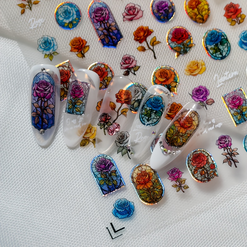 Image of A Floral Nail Sticker With Embossed Shell , Hand-painted Roses, Rose Roses In Different Colors, And European Style Architectural Window Decorations, Suitable For Personal Diy And Nail Salon Use
