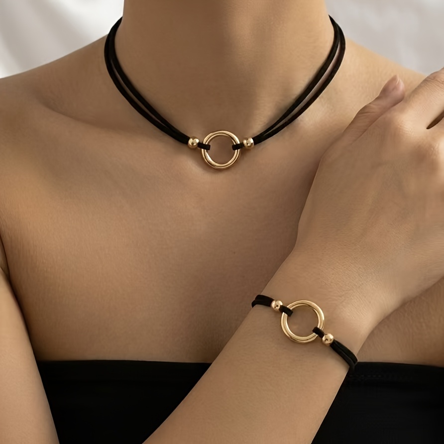 TEMU Juego de 2 piezas de collar gargantilla y pulsera de anillo de terciopelo , elegante, con anillo de de cuerda dorada + cordón de terciopelo de