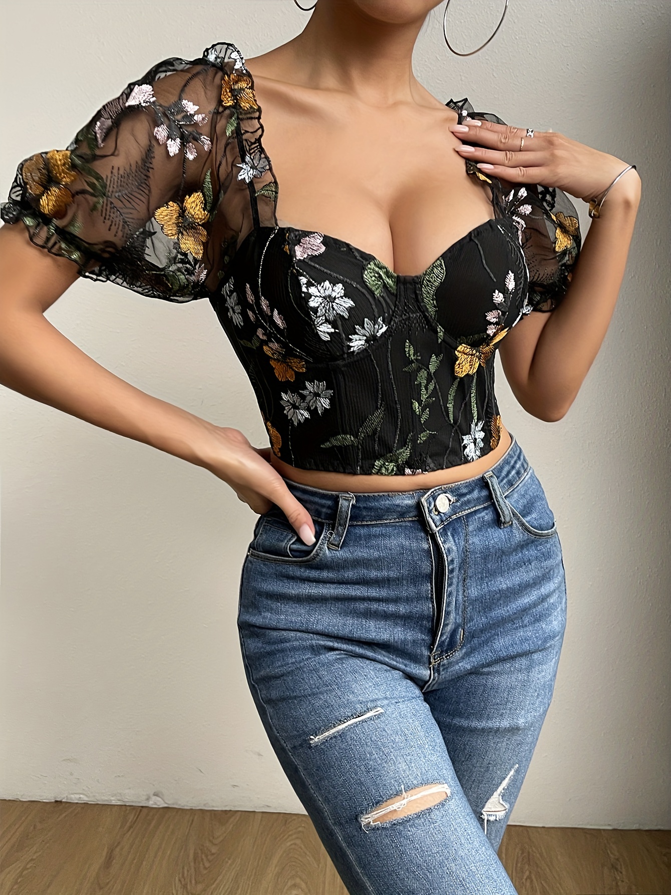 Women's Butterfly Embroidery Corset Crop Tops Mesh Puff Sleeve