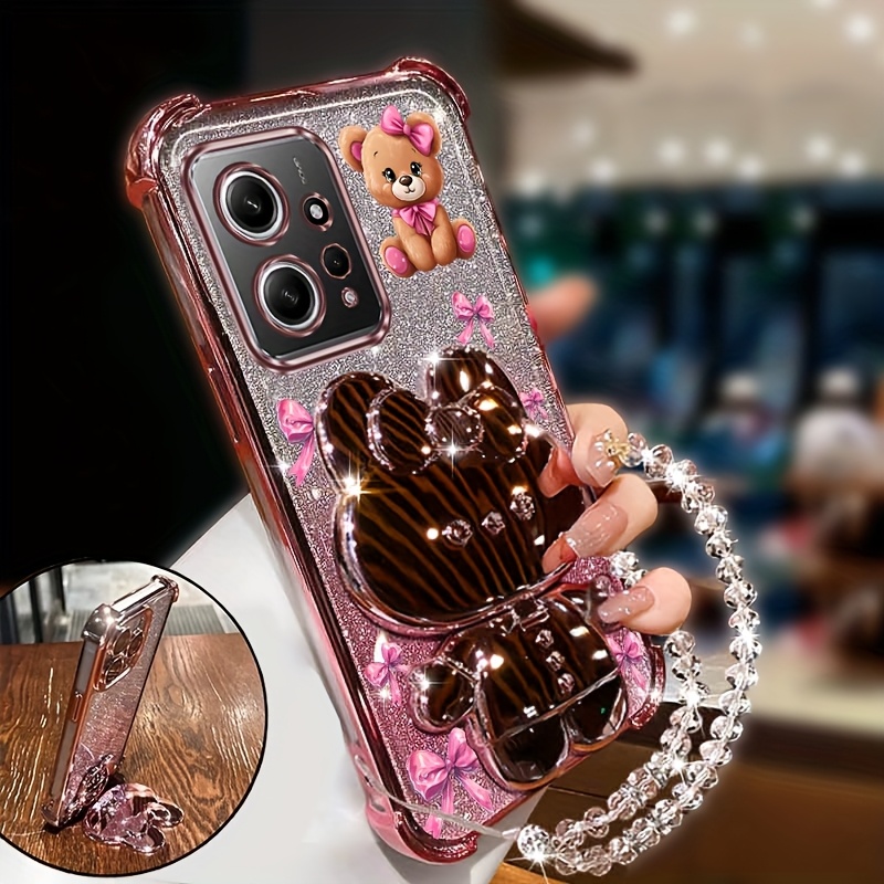 TEMU Funda para teléfono: Moda Oso Tierno con Correa Brillante para Muñeca, Lanyard Conejo con , Soporte para Teléfono, Compatible con 4G, Cubierta