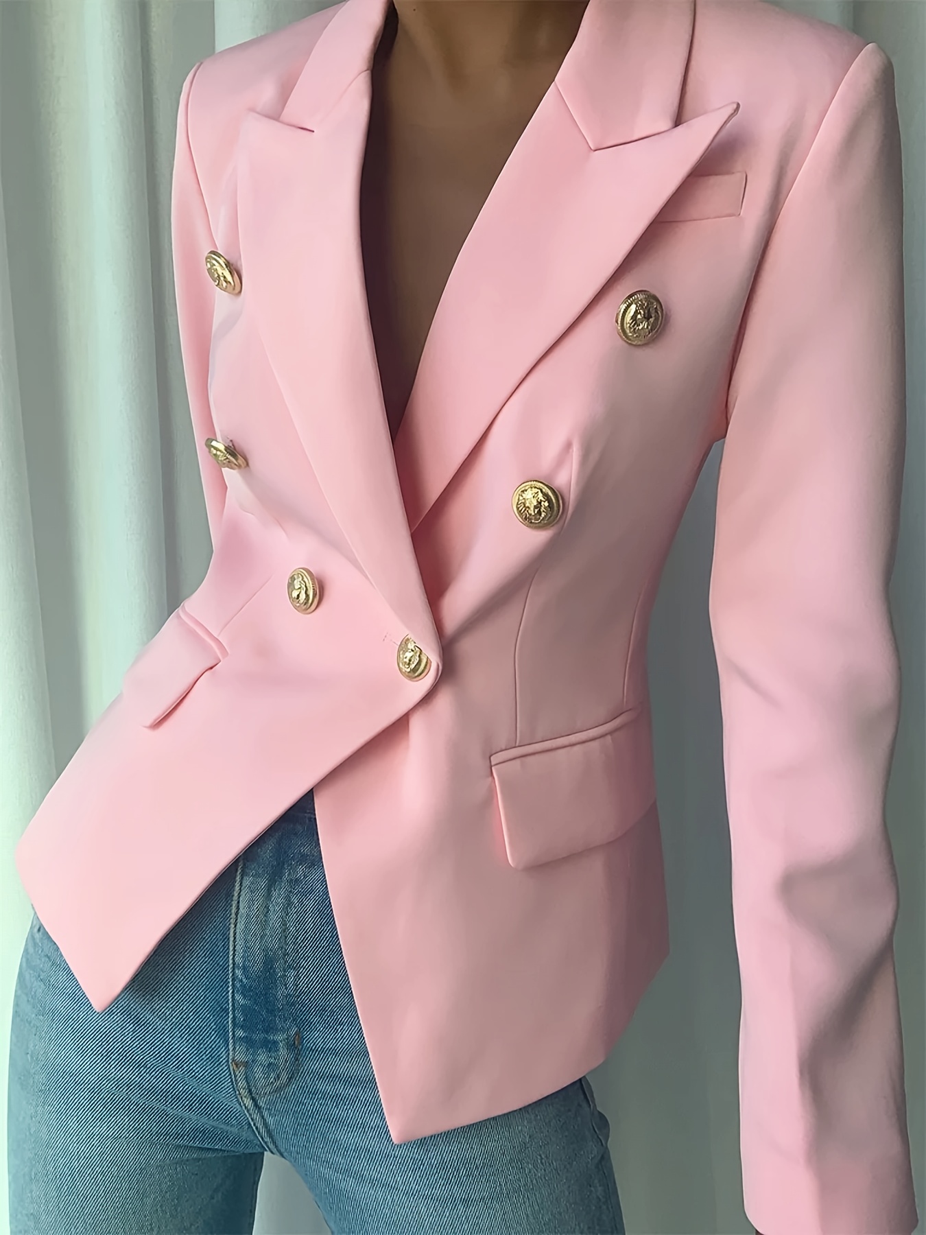 Women's Elegant Pink Double-Breasted Blazer - Polyester, Long Sleeve, Lapel Collar with Golden Buttons, Stylish Work Office Jacket