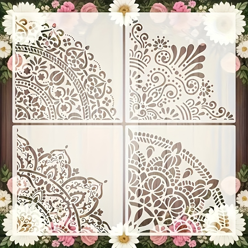 E-shop 4 große Mandala-Vorlagen - Wiederverwendbare Blumenzeichnungs-Vorlagen, geeignet für Bastelarbeiten, geeignet für Wände, Böden, Möbel, Stoffe,