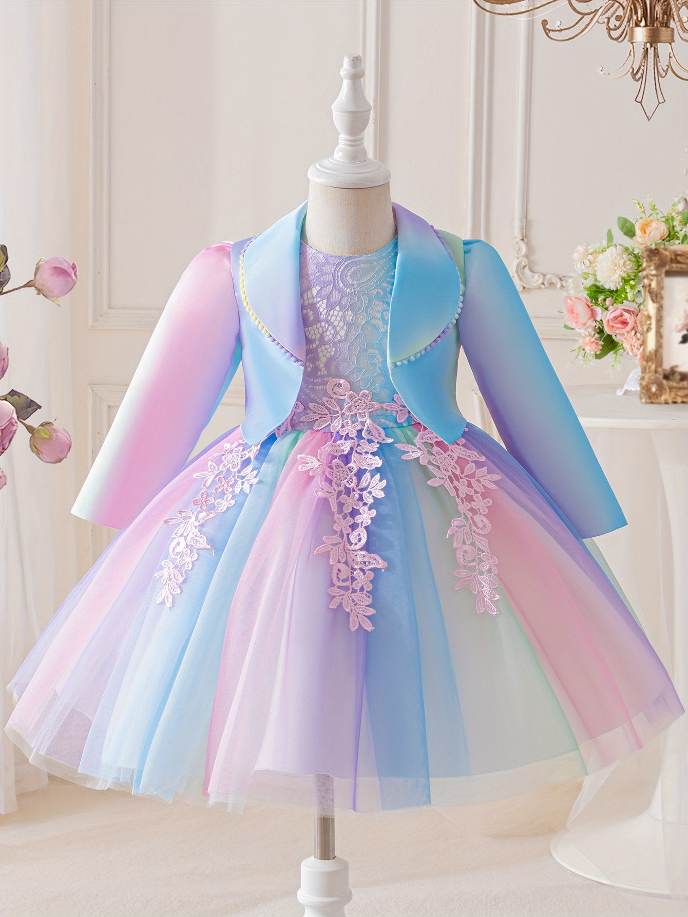 Girls' Autumn Outfit 2pcs Set New Girly Rainbow Gradient Tulle Princess  Dress Girls' Lace * Dress Spring/Autumn Long Sleeve Fringed Lapel Coat  Little Girl Dance Skirt Set Special Performance Activity ...