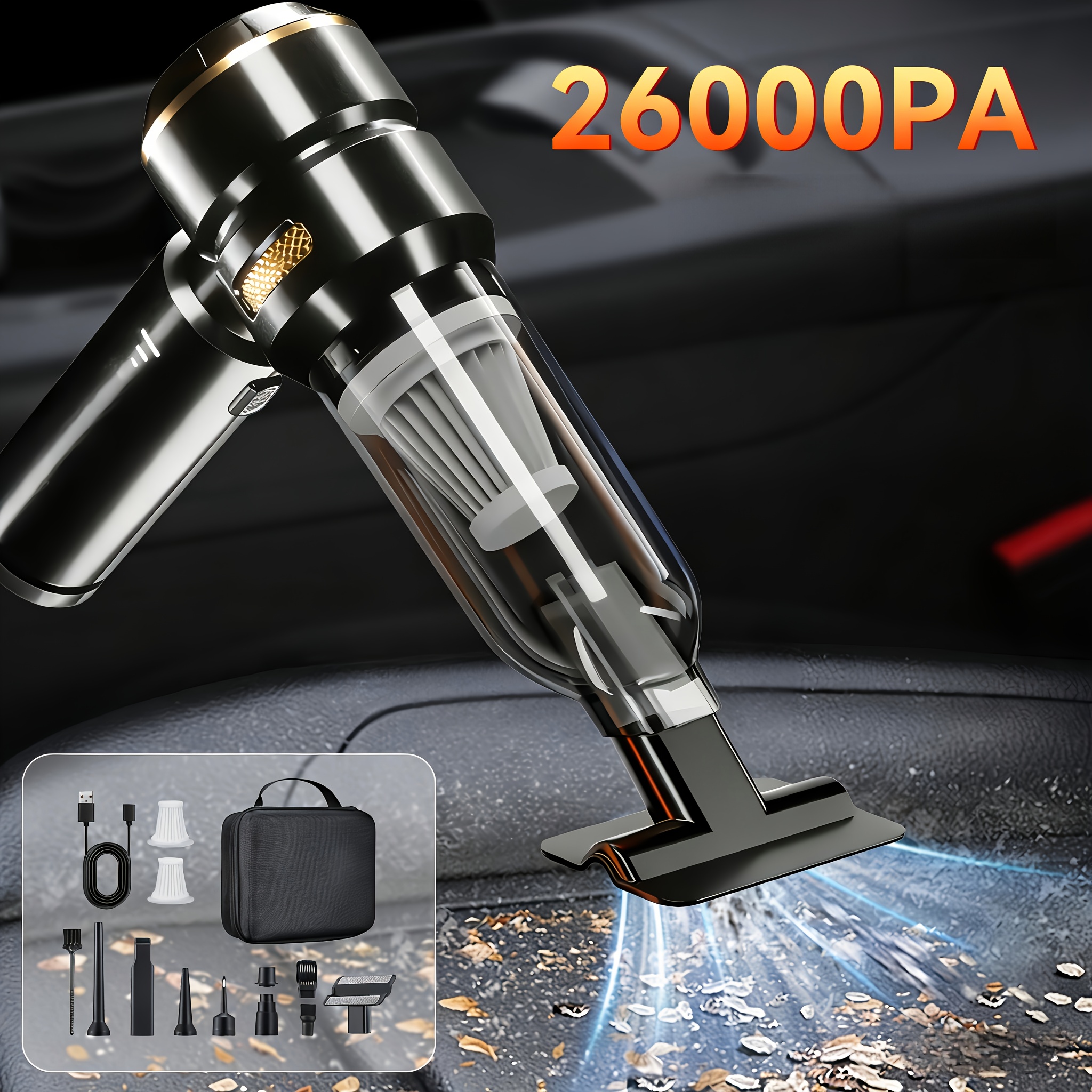 Artikelbild 26000Pa Akku-Handstaubsauger - Robuster 4-in-1 Mini-Handstaubsauger mit starker Saugkraft für Auto, Zuhause, Tierhaare, Sofa und Teppich - (Kein Kabel), leicht zu entleerender Staubbehälter, inklusive Aufsätze, Geschenkidee für Frauen und Männer