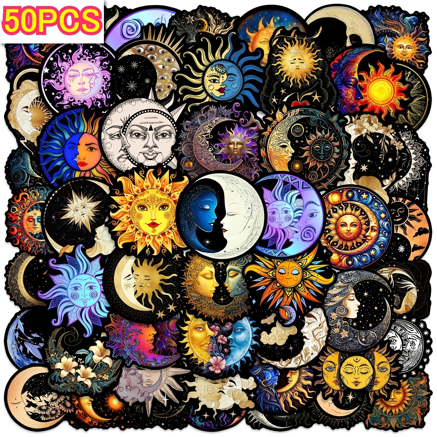 TEMU 50pcs Black Background Celestial Sun Moon Zodiac Stickers, Mystical For Journal Planner Laptop Water Bottle Phone Case, Halloween Back To School