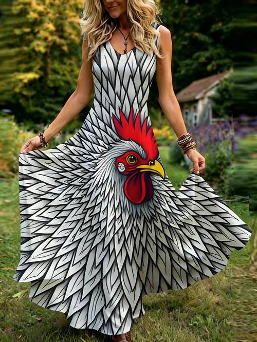 womens vintage rooster print sleeveless dress loose flowing cut summer wear this a line dress features farm animal prints making it a for casual and vacations long dress