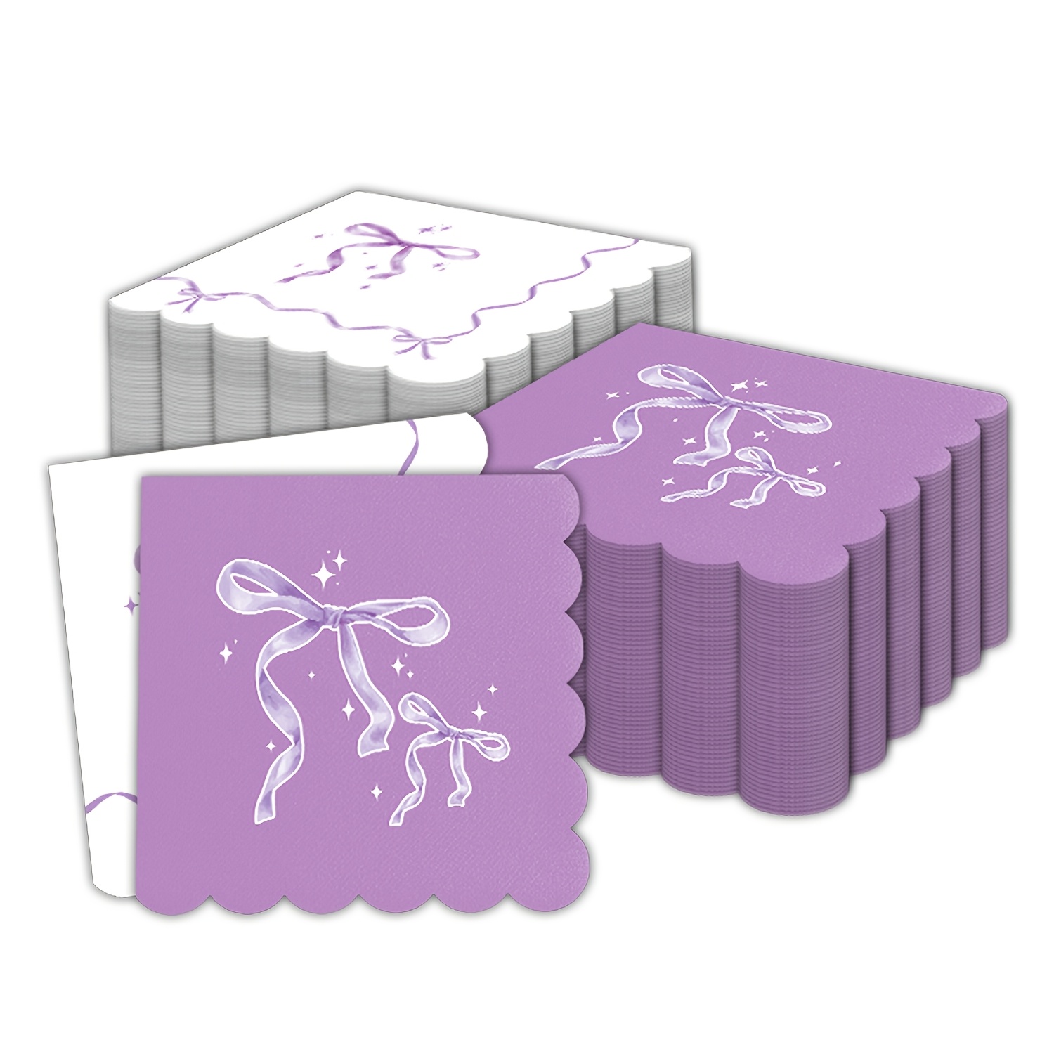 Image of Elegant Violet Bow Watercolor Napkins With Scalloped Edge - 3-ply Purple Paper & Dinner Napkins For Weddings, Birthdays, And Parties