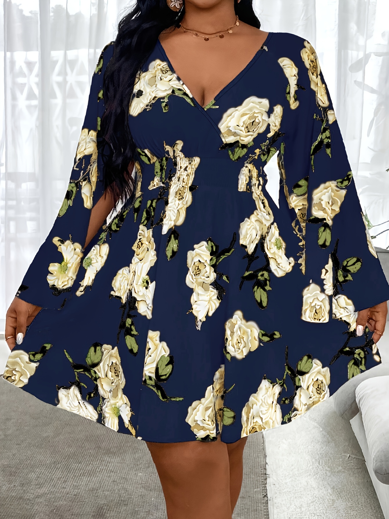Printed Dress Navy Blue And Yellow Floral Dress Plus Size, Plus