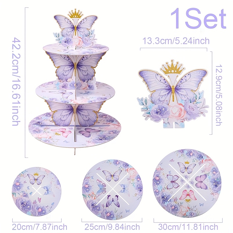 E-shop 1 Kuchenständer mit Schmetterlingsdesign (Nicht für Lebensmittelkontakt), Lila Schmetterling und Blumen 3-stöckiges Dessert-Display, Zubehör für