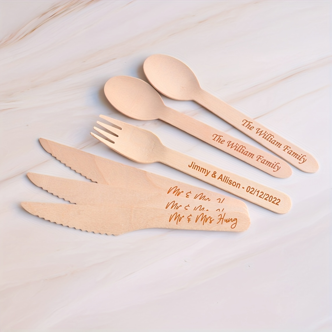 300pcs Personalized Engraved Text Disposable Tableware Set, Bamboo Wood Cutlery Set Knife , Disposable Dessert Spoon, 15.75cm Dinner Fork Wedding Birthday Customized Tableware Set, Suitable For Party