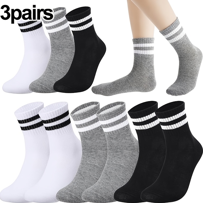 TEMU 3-pair Option Available, Offering Great , Easily Covering Your Four-season Wardrobe~ Preppy Style Striped Mid-calf Socks, Available In , White,